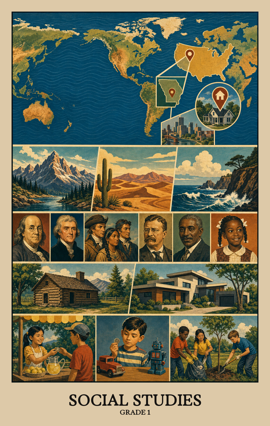 Illustration of what students learn in Grade 1 Social Studies